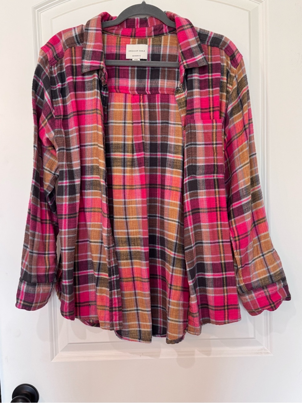 American Eagle Outfitters Pink and Brown Plaid Button-Down Shirt